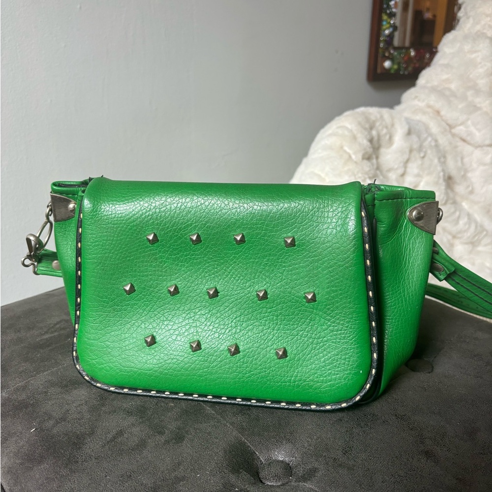 Vintage 80s Green Studded Leather Crossbody Bag